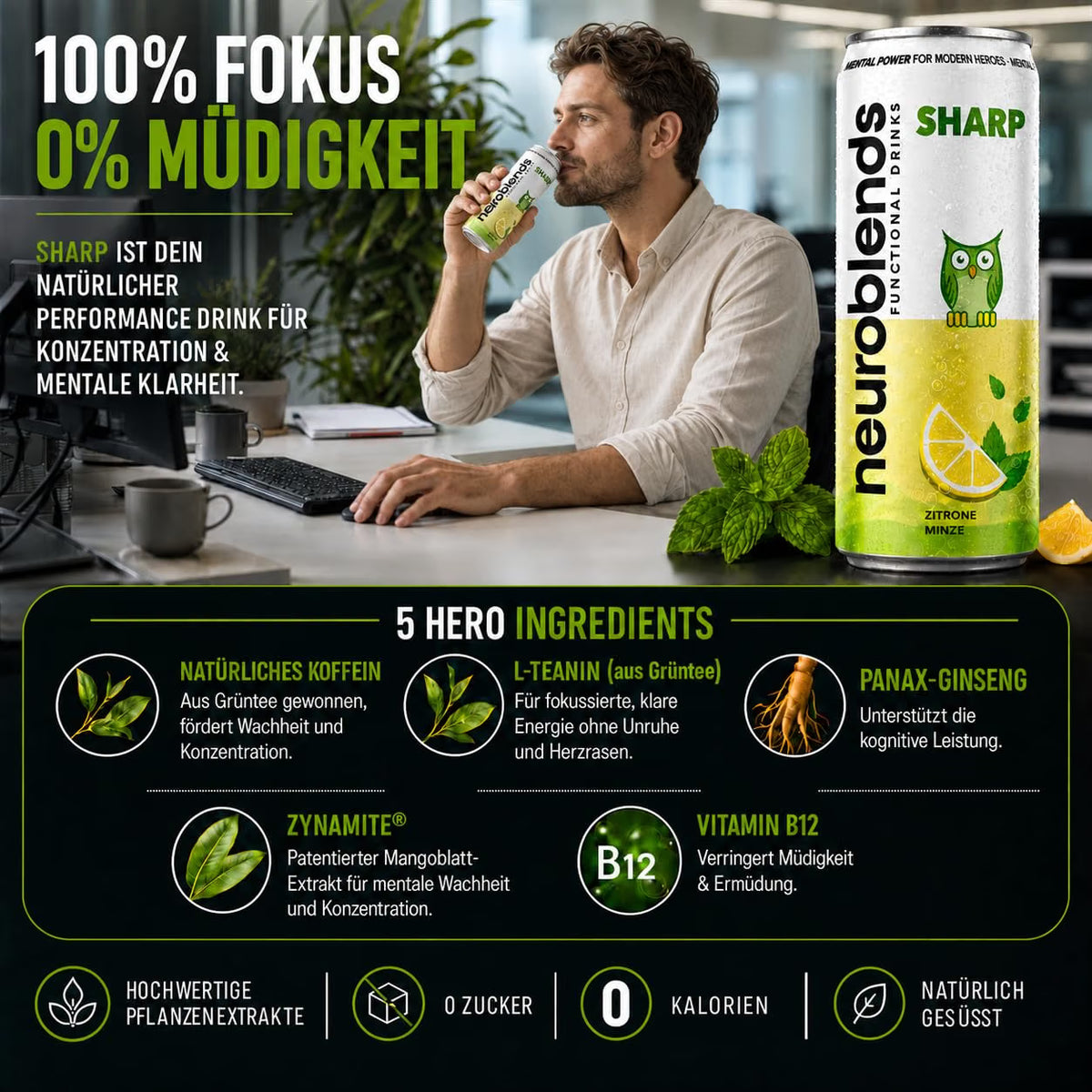 Neuroblends SHARP – 24 Dosen (24 x 330 ml) – Fokus & Konzentration ohne Zucker