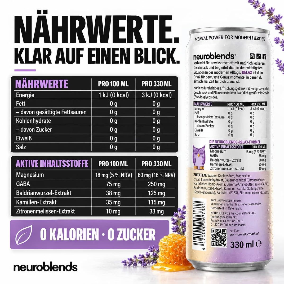 Neuroblends RELAX- 24 Dosen (24 × 330 ml) - Wellness Drink Honig-Lavendel ohne Zucker