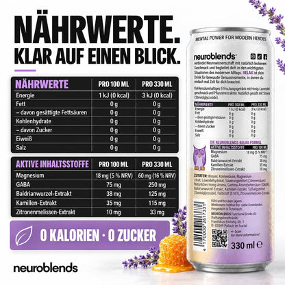 Neuroblends RELAX- 24 Dosen (24 × 330 ml) - Wellness Drink Honig-Lavendel ohne Zucker