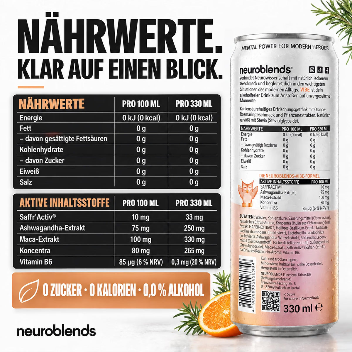 Neuroblends VIBE – 24 Dosen (24 × 330 ml) – Alkoholfreier Mood Drink ohne Zucker