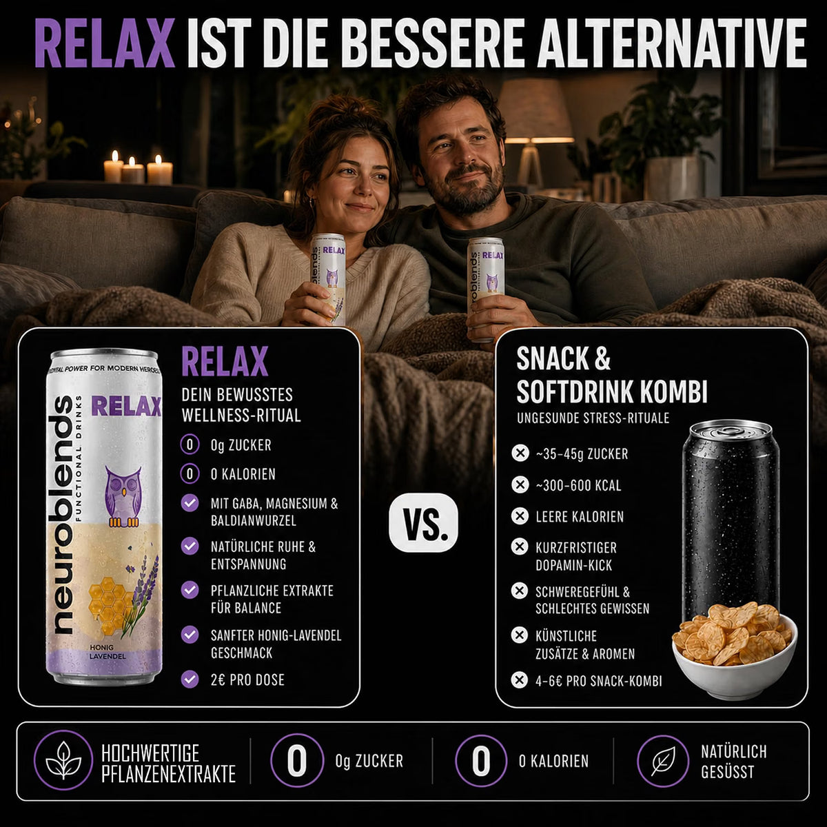 Neuroblends RELAX- 24 Dosen (24 × 330 ml) - Wellness Drink Honig-Lavendel ohne Zucker