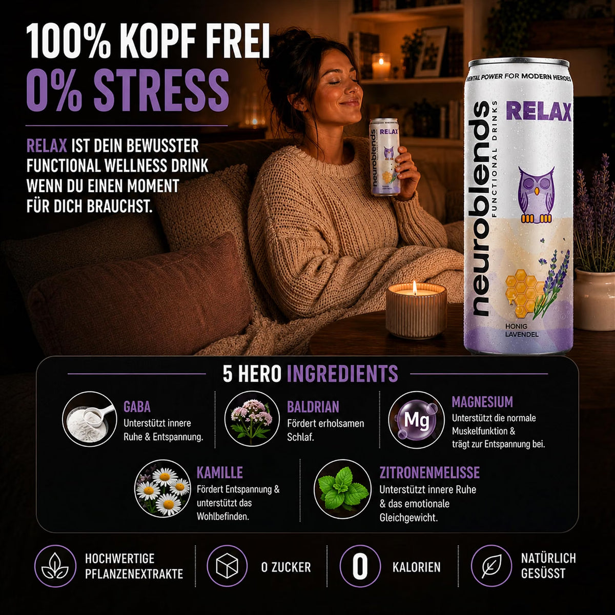 Neuroblends RELAX- 24 Dosen (24 × 330 ml) - Wellness Drink Honig-Lavendel ohne Zucker